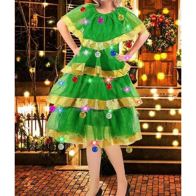 Novo traje de árvore de natal tule em camadas plissado vestido trajes para estágios de festa