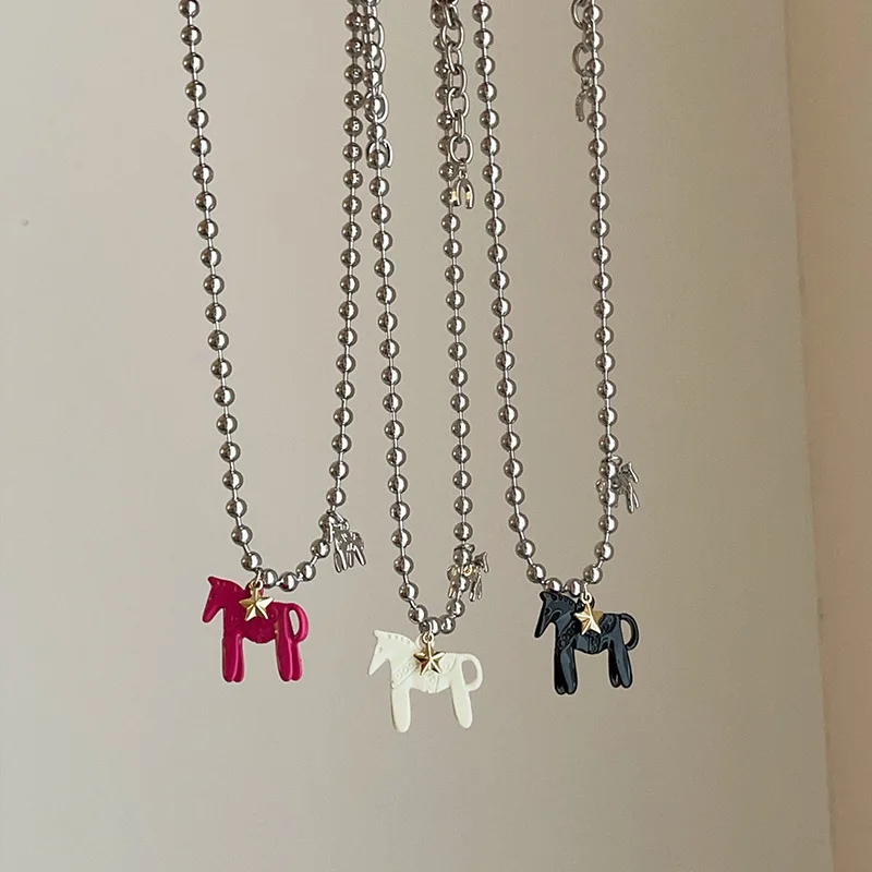 White Black Green Blue Pink Color Enamel Colt Horse Pendant Necklaces for Women Silver Plated Alloy Beads Chain Chokers