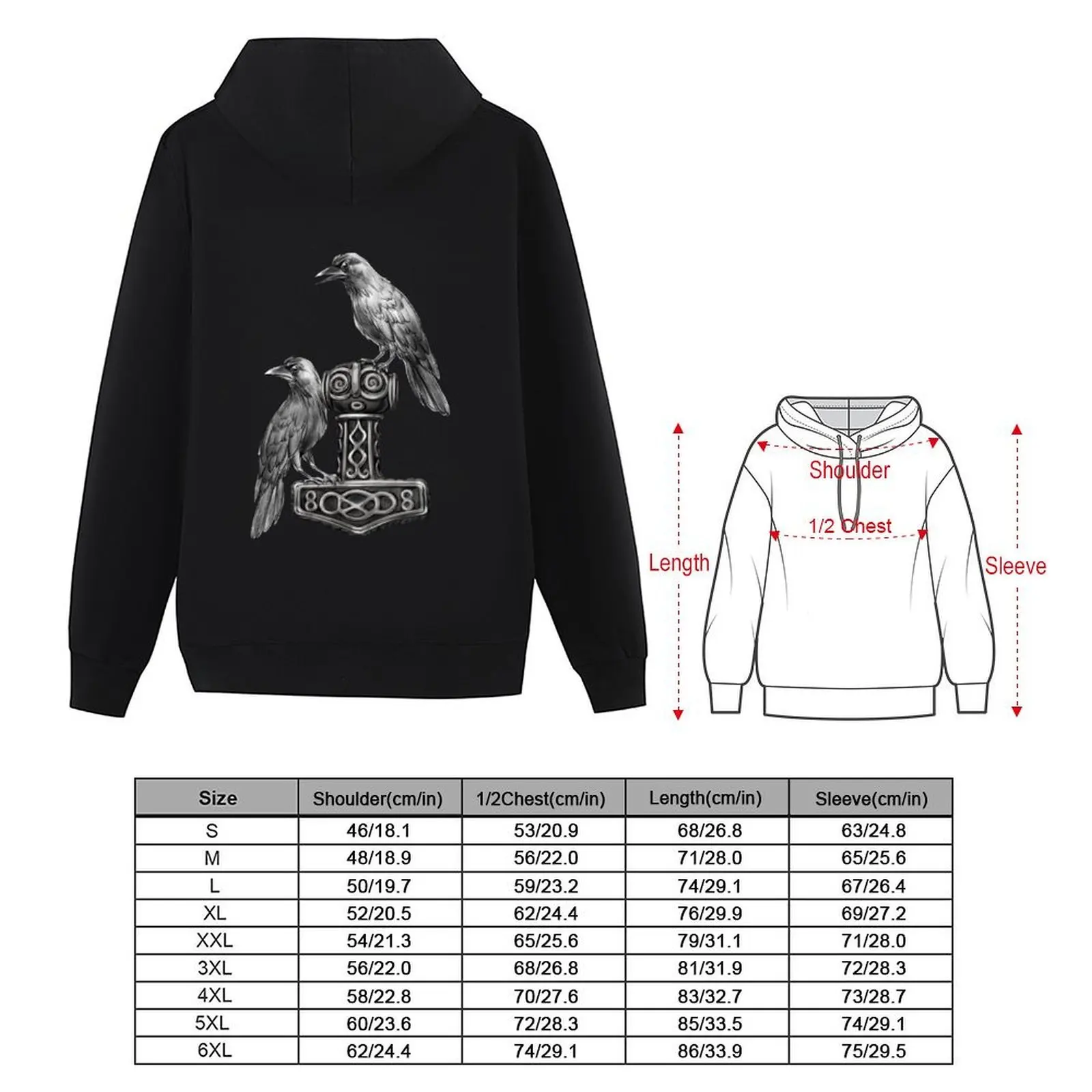 Thor Hammer Mj?lnir مع Odin Ravens Hugin and Munin Hoodie ملابس رجالية ملابس رجالية بقلنسوة جرافيك