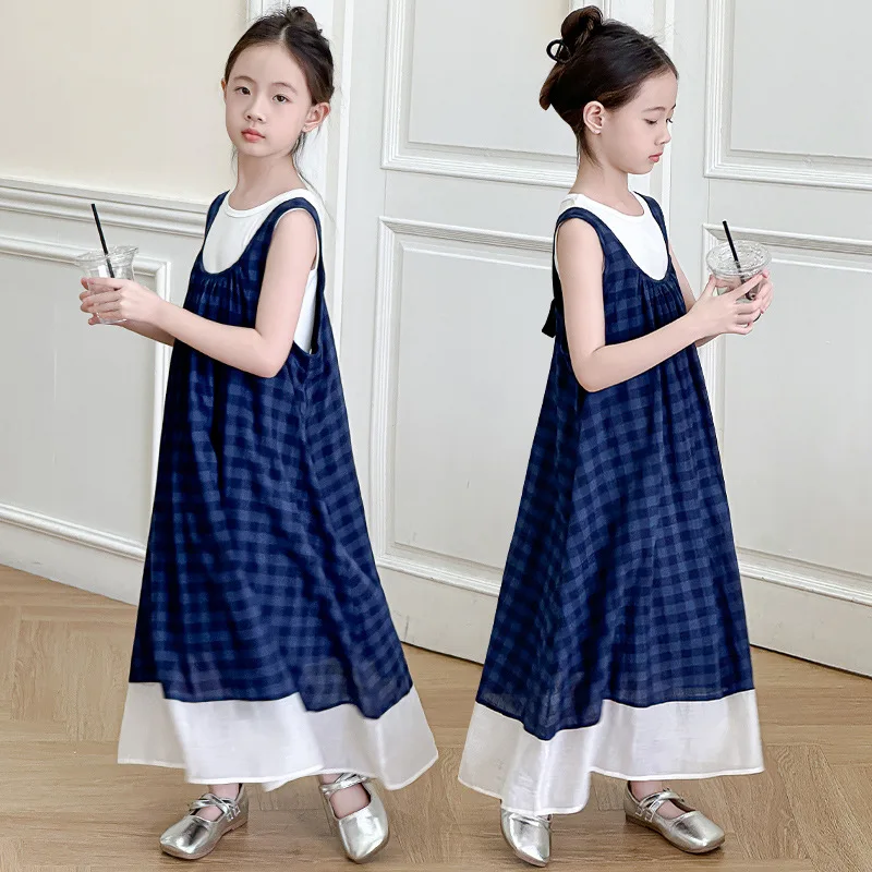 Girls Dress Summer 2024 New Senior Summer Super Good-looking Girls Children High-end Slip Skirt Clothes Korean Simple Style