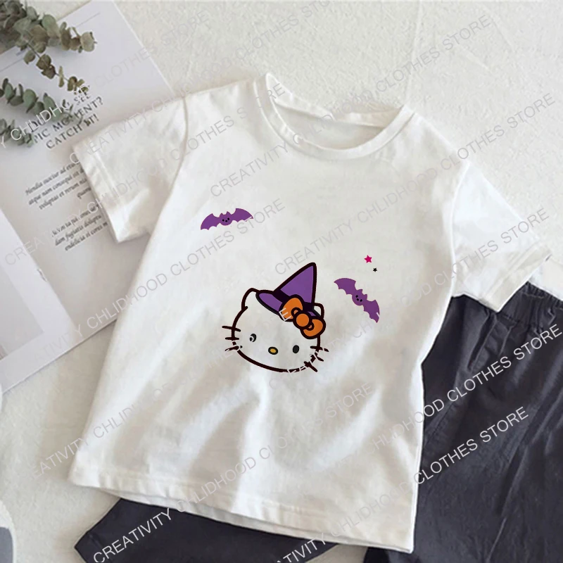 Sanrio Halloween Children T-shirt Kawaii Hello Kitty T Shirts for Girls Clothes Cartoons Casual Fashion Kid Boy Short Sleeve Top