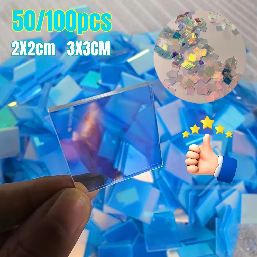 Mini Iridescent Acrylic Squares Mini Rainbow Holographic Acrylic Squares Easy To Paste Double-Sided Plexiglass Tiles Decoration