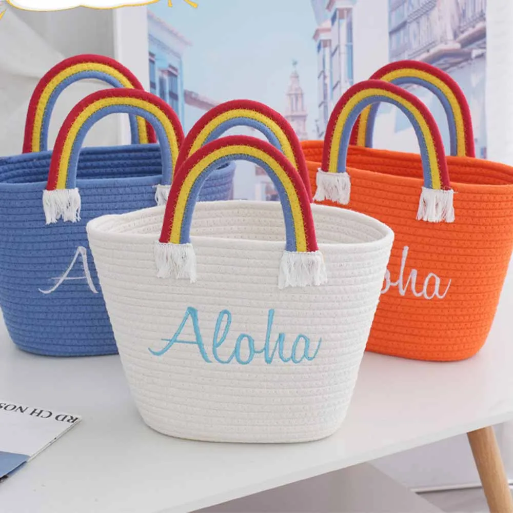 Cute Rainbow Handheld Small Bag for Women, Handmade Cotton Thread Women's Bag, Cotton Rope Bag, Leisure Beach Vacation Beach Bag