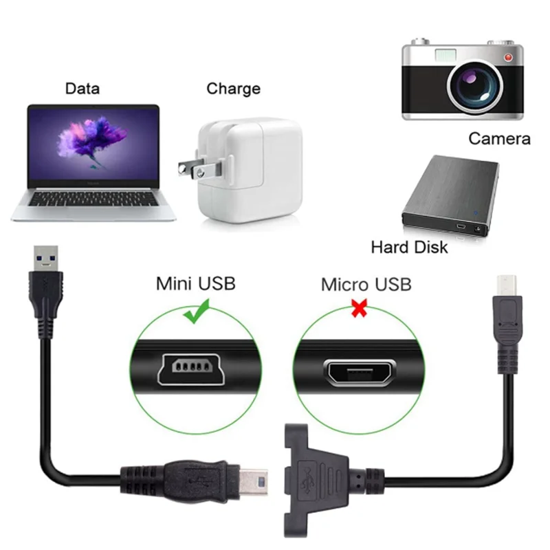 Left Angle Mini USB Male to Female Extender Bolt Screw Lock Mount Cable, Sync Data Meter Mini USB 5 Pin Extension Cable,