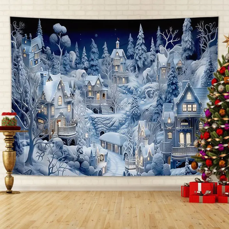 VIKAMA Fairy Tale Snow Village Christmas Tapestry, Enchanting Wall Art Background Cloth for Winter Living Room Decor