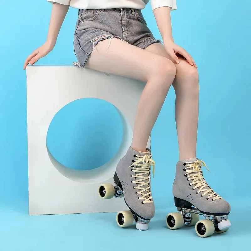 Unisex Double Line Roller Skate, Suede, Quad Skate Quality, 2 Row Sport Skate Patines, Steel Bracket, Skating Gears, Large Size