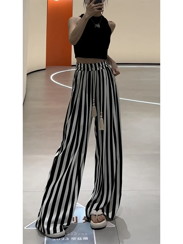 Casual Retro Striped Print High Waist Wide Leg Pants Women\'s Fashion Loose Vintage Soft Full Length Trousers 2024 Summer