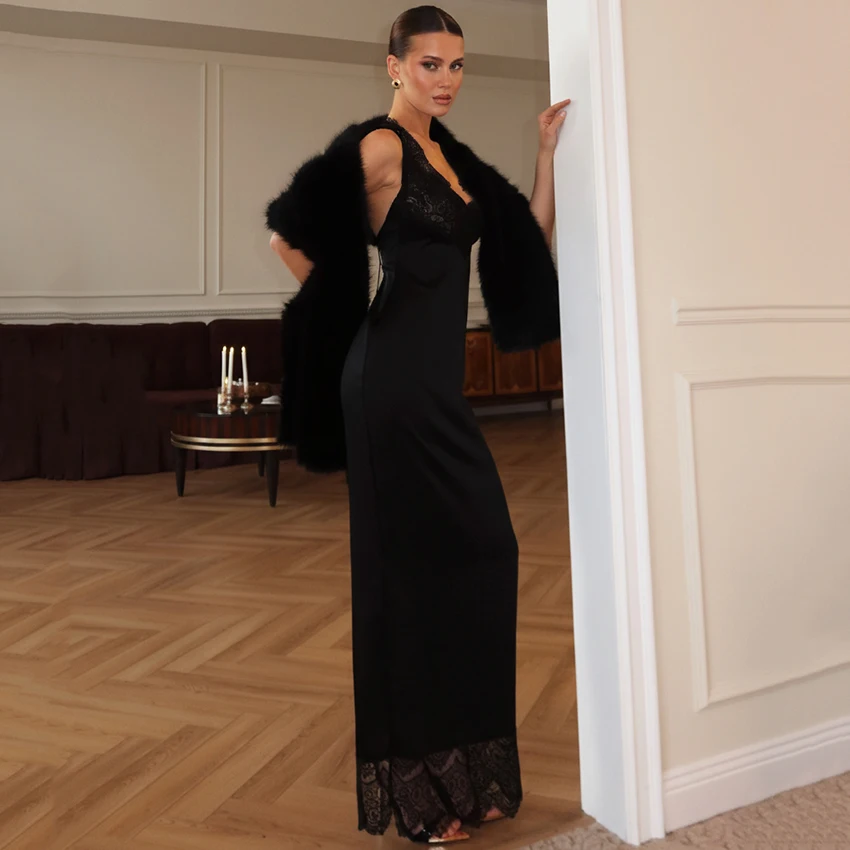 Linad Elegant Black Lace High Waist Long Dress Sexy Backless Ankle Length Dresses Female Summer Fashion Slim Party Dress 2026 view 3