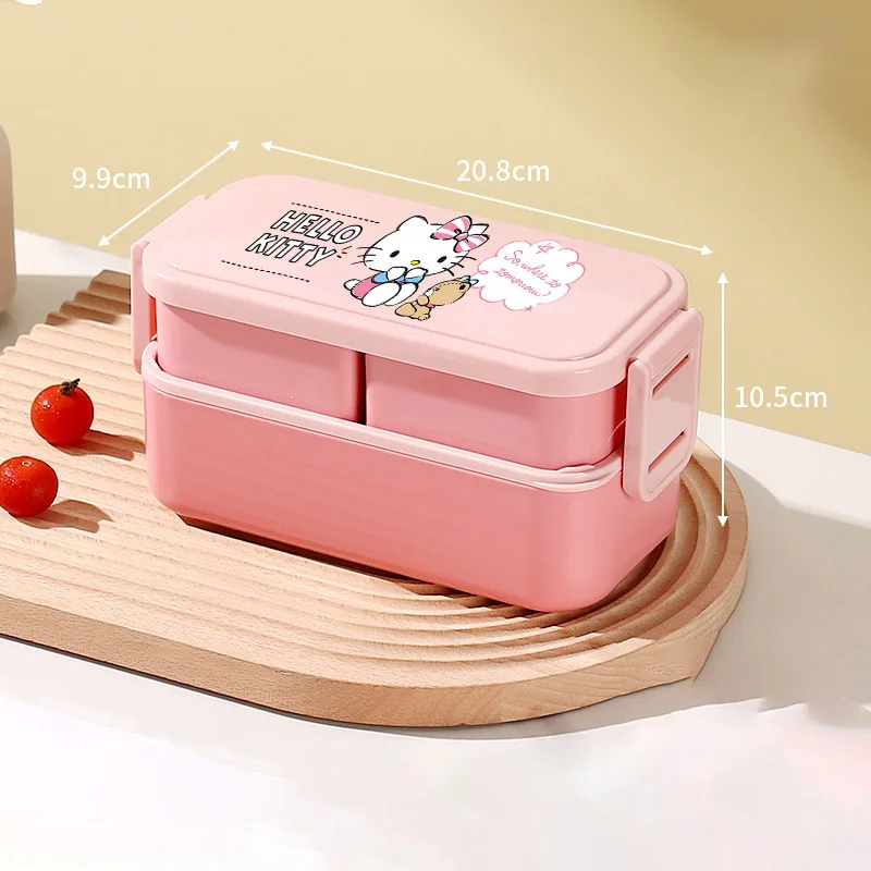 Fiambrera Sanrio Hello Kitty de 1,3 L, contenedor de comida de 2 capas con tenedor, cuchara, rectángulo, caja de almacenamiento de aperitivos para Picnic de alta capacidad, regalos