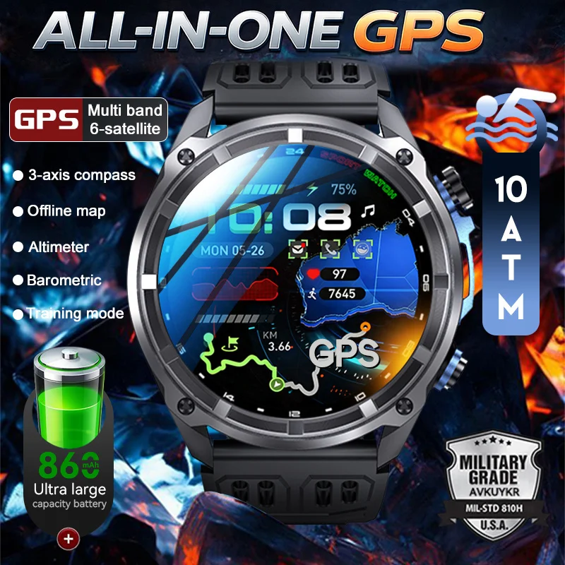 2026 New Military Multi-band GPS Smart Watch 6 Satellite Built in Offline Map Compass 10ATM Waterproof Sports tracker Smartwatch