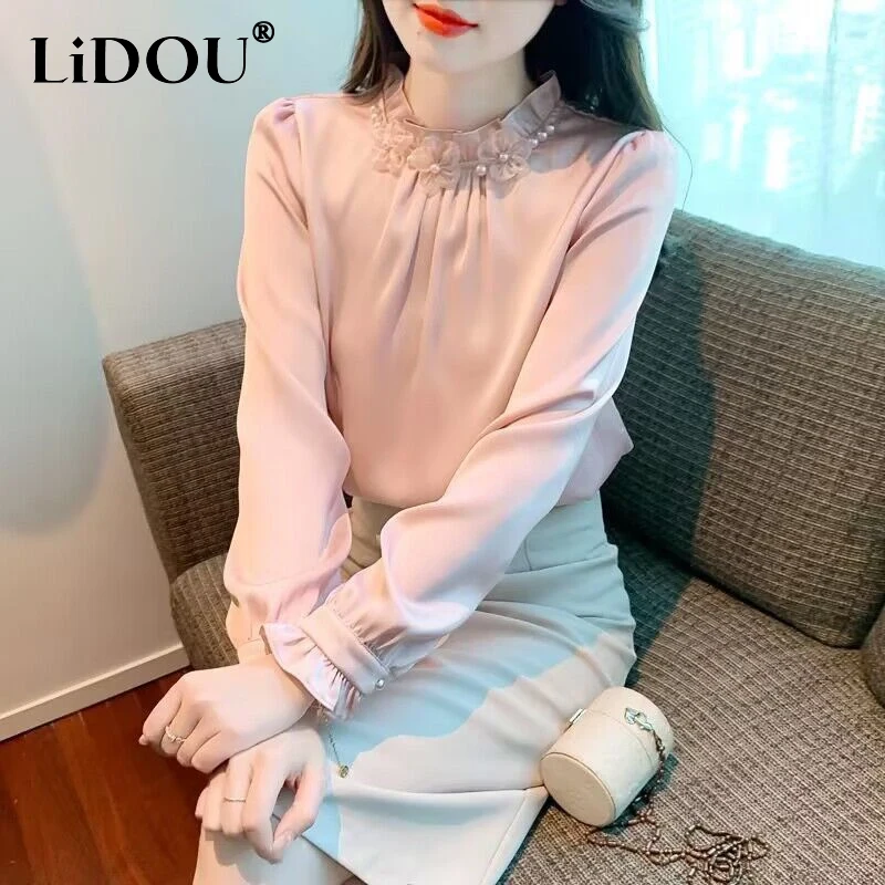 2023 Spring Autumn Stand Collar Fashion Solid Color Long Sleeve Blouse Women Elegant Pleated Edible Tree Fungus All-match Shirt