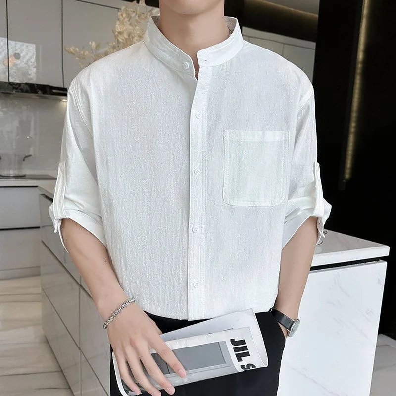 

Cotton Linen Men's Short Sleeve Shirt Casual Summer Outerwear Seven Sleeve Tops Breathable Soft Skin-Friendly Thin Model