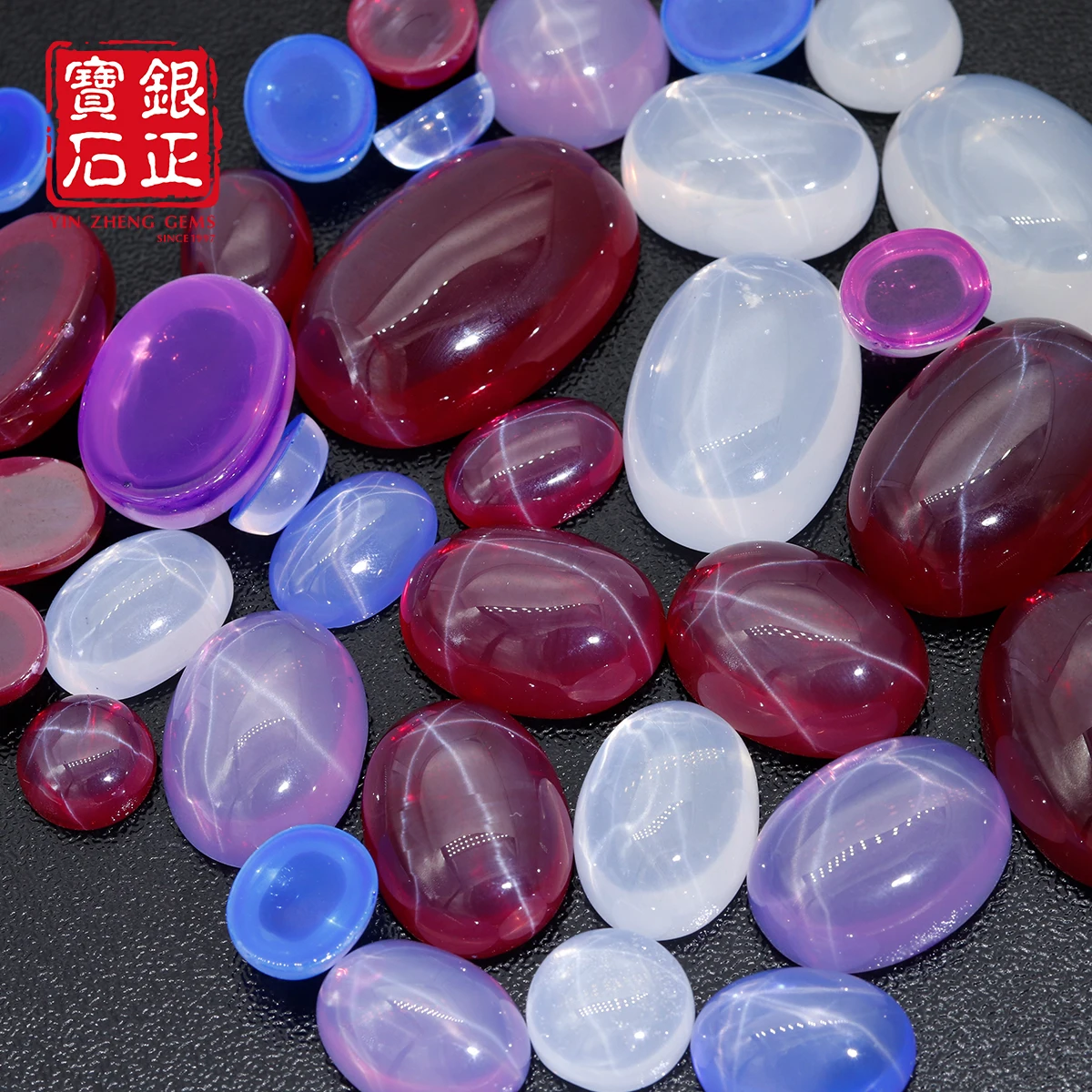 인정 식스 레이 스타 컬티베이트 루비 플랫 바텀 카보숑 라운드 쉐입 랩 그로운 루비 합성 루스 젬스톤 주얼리 제작용