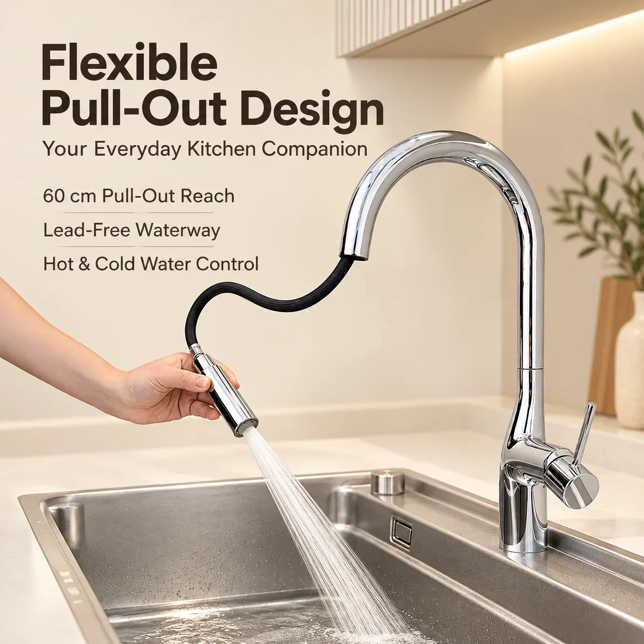 Pull Down Kitchen Faucet with 2 Water Modes Stream/Spray Single Handle Brass Sink Faucet 360° Swivel Hot Cold Mixer Tap Chrome
