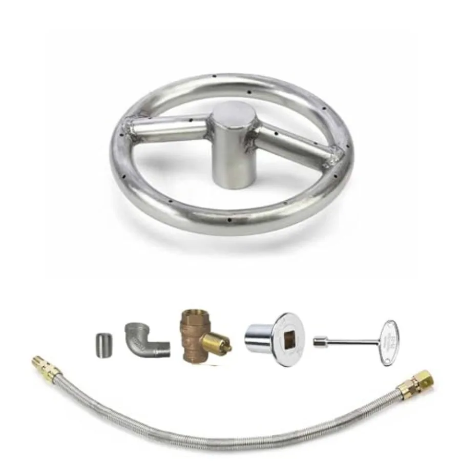 HPC Match Lit Fire Pit Burner Kit FPS6KIT-NG-MSCB Round 6-Inch Propane Burner with Polished Chrome Finish Flange Key Valve Flex