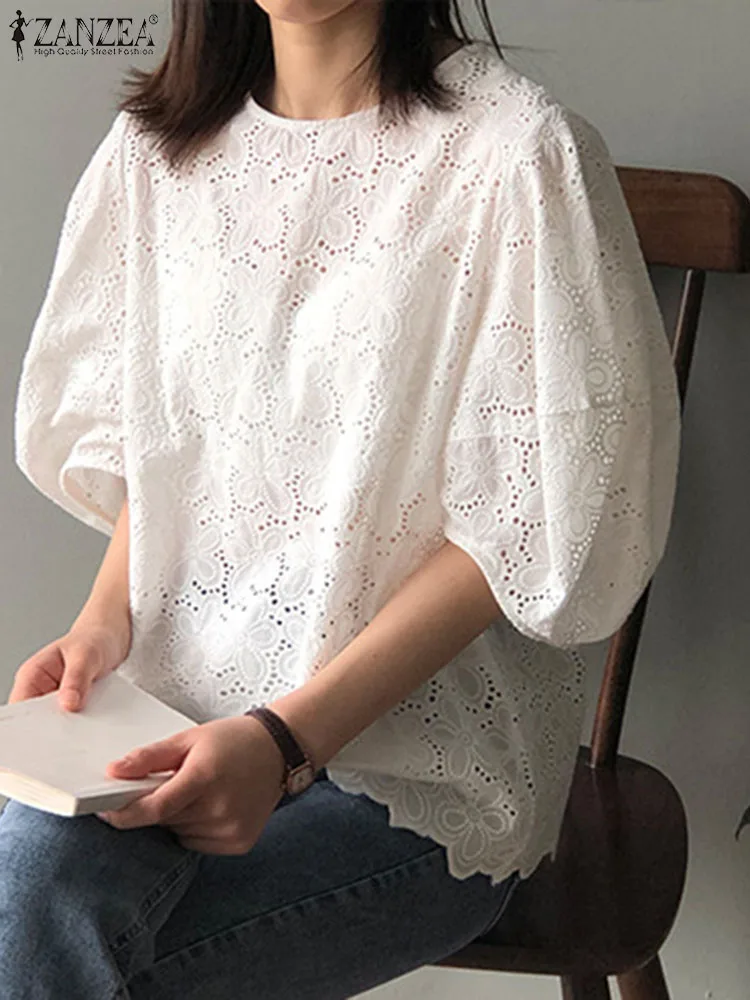 ZANZEA Women Hollow Out Blouse 2024 Summer Short Sleeve Loose Blusas Elegant Oversized Puff Sleeve Top Casual Solid Blusas Femme