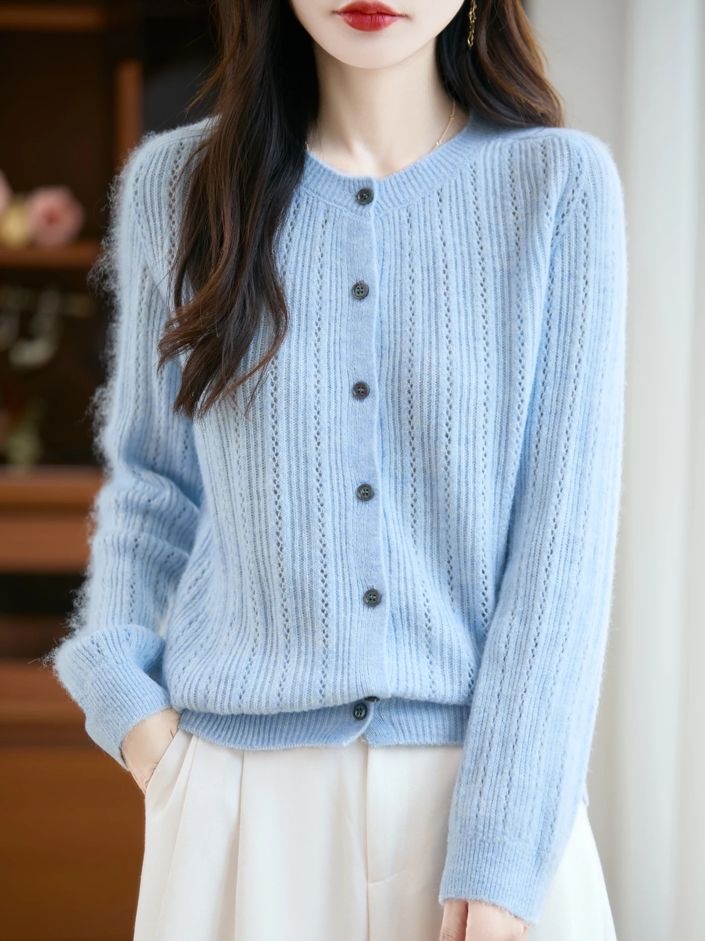 Hollow Out Autumn Winter Woman Sweater Elegant Ladies 30% Merino Wool Knitted Cardigan Cashmere Female Long Sleeve Clothing Tops