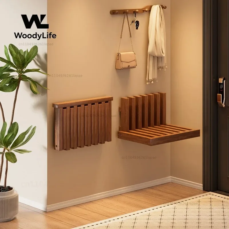 1pc wall mounted multifunctional solid wood folding stool, shoe changing stool, suspended storagng stool, suspended storage rack