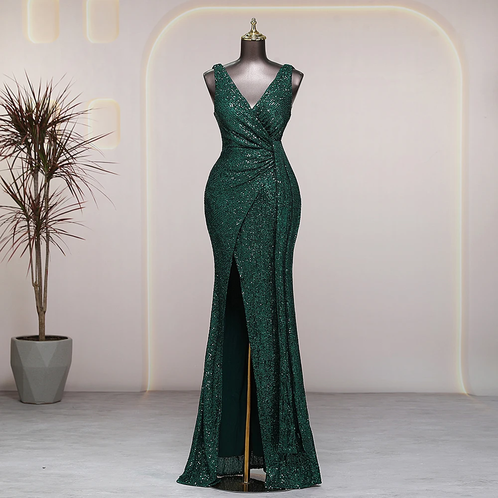 V-neck sleeveless green evening dresses prom dress luxury wedding party dresses formal occasion robes de soirée Bride dresses