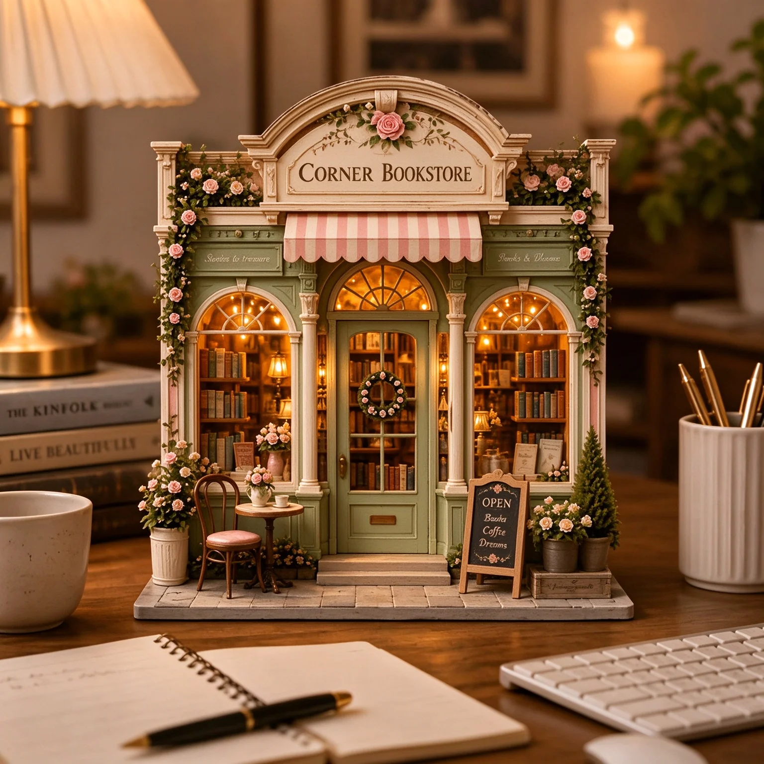 2D retro street corner bookstore, multi-layer double-sided wooden desktop decoration with pictures, European fairy tale cottage