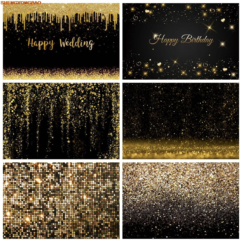 

Glitter Spots Black and Gold Backdrop Adult Kids Happy Birthday Party Wedding Custom Name Photo Photography Background Decor