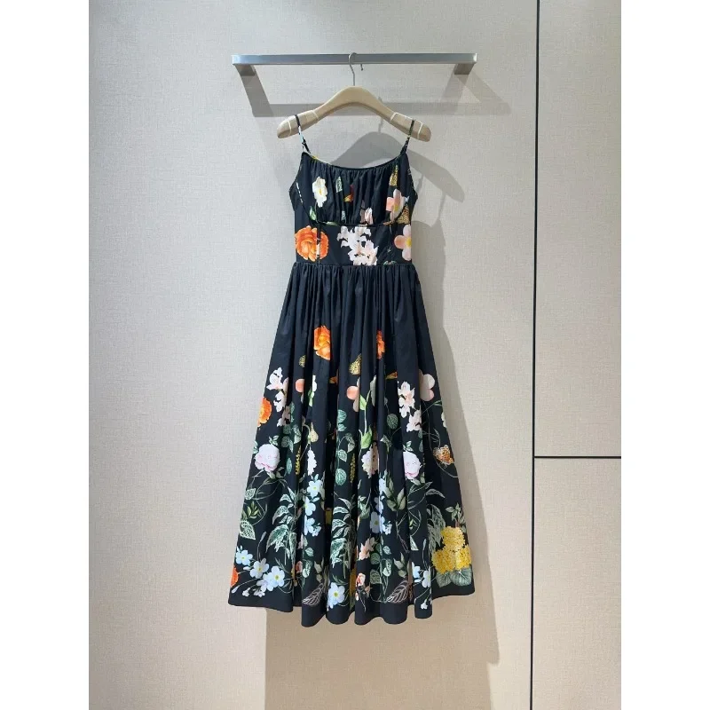 

High Quality Black Illustration Print Sleeveless Midi Dress 2025