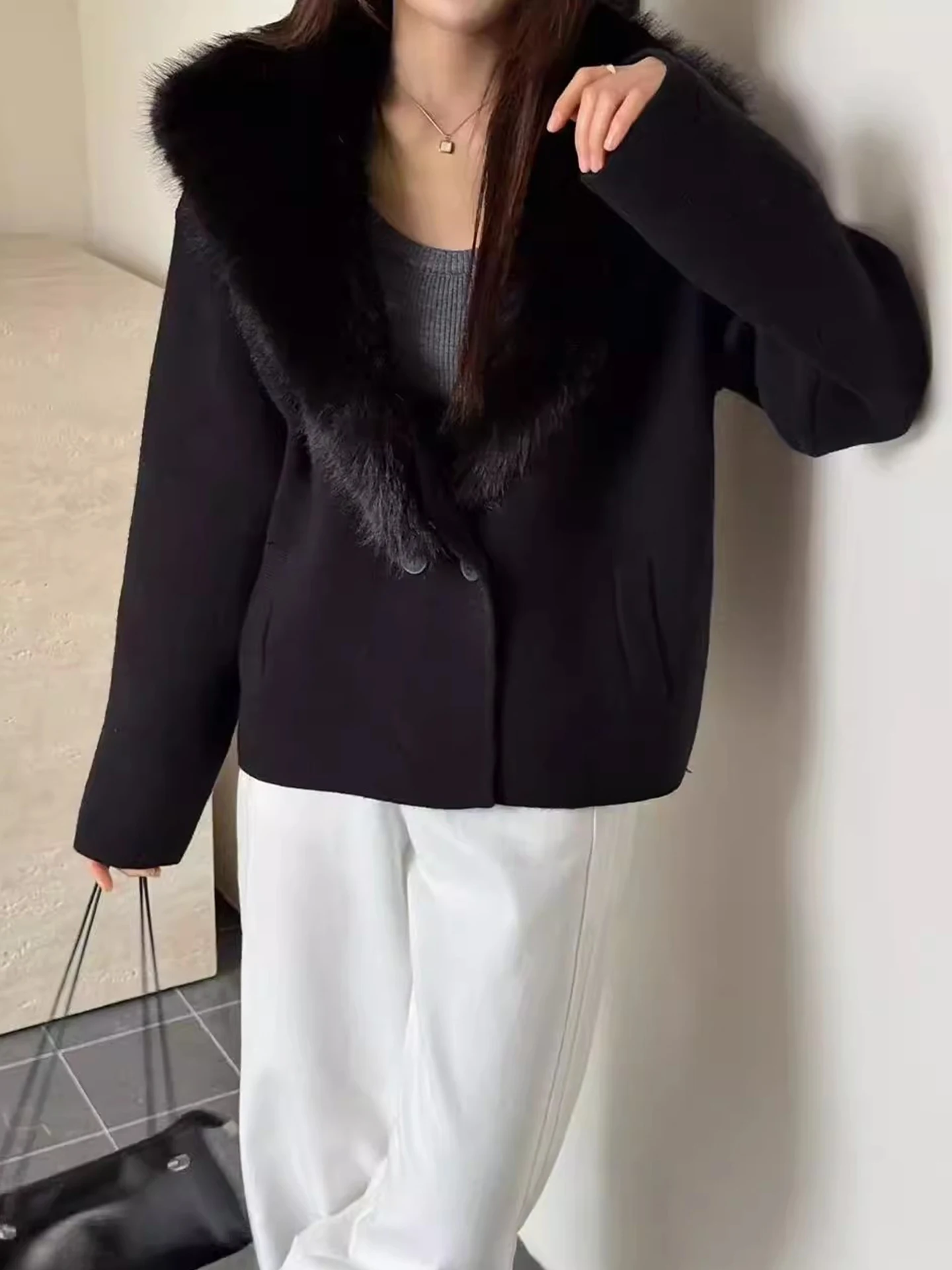 الفراء محاكاة محبوك سترة سترة المرأة شتاء جديد Sle البحرية طوق فضفاضة تناسب معطف طويل Sve #3