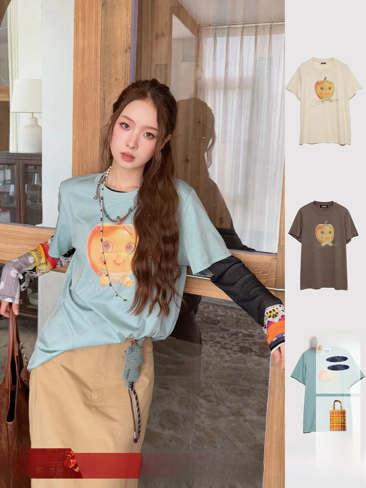 

Футболка Aubruino с принтом куклы, ручная работа, простой повседневный стиль, свободный крой, смесь хлопка