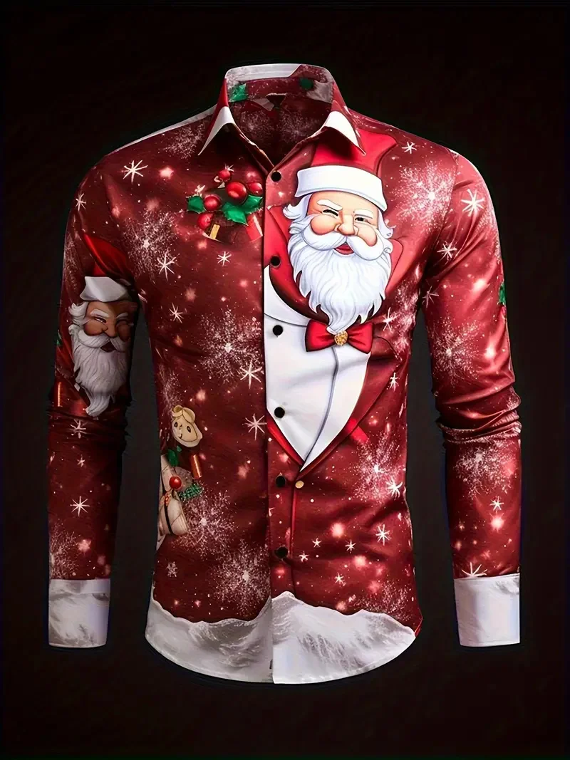 

Новая мужская гавайская рубашка с длинным рукавом, рубашка с 3D рождественским принтом, модная элегантная пляжная рубашка с длинным рукавом с лацканами для мужчин