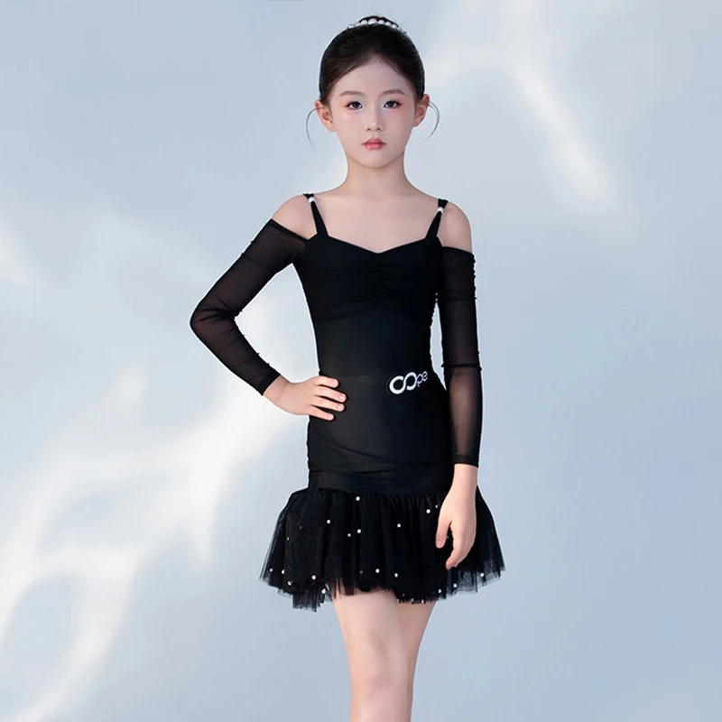 بدلة رقص لاتينية مكشوفة الأكتاف للفتيات ملابس أداء سوداء بأكمام طويلة تنورة شبكية للأطفال ملابس رقص لاتينية 2570