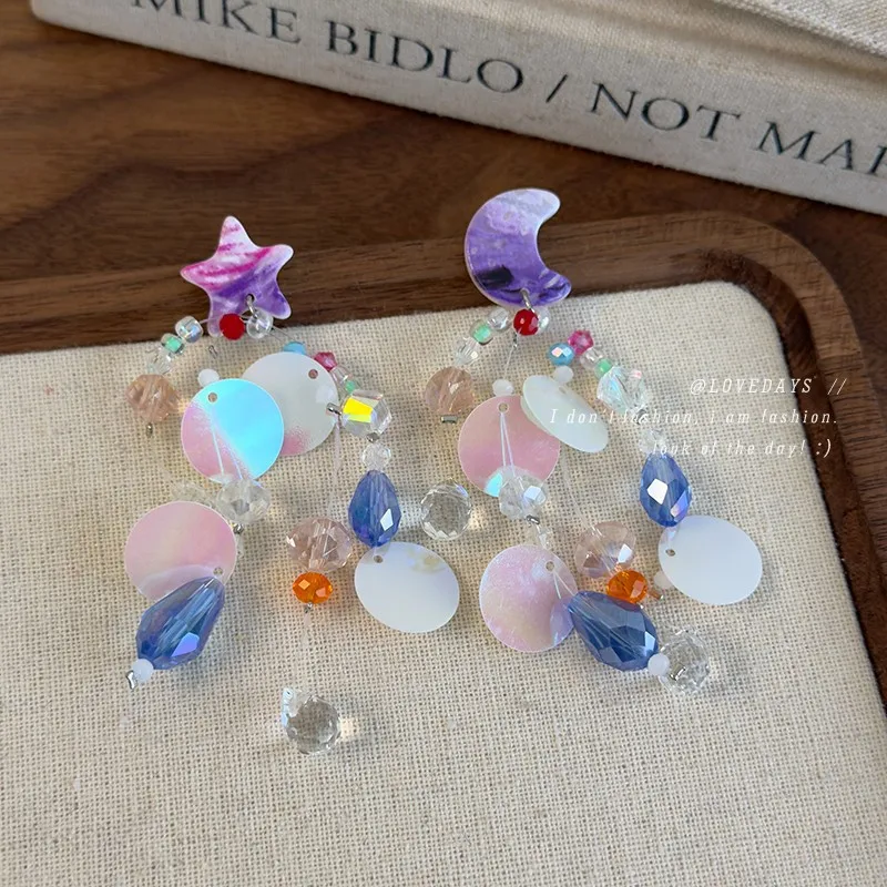 Moon Stars Colorful Drop Long Beaded Crystal Earrings for Women Light Luxury Unique Design Elegant Jewelry Premium Handmade