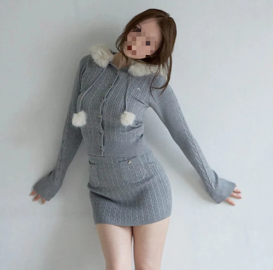 Japanese Fashion Sweet Two-piece Set Hooded Knitted Short Cardigan Pocket Hip Mini Skirt Daily Commuter Casual Womens Clothing