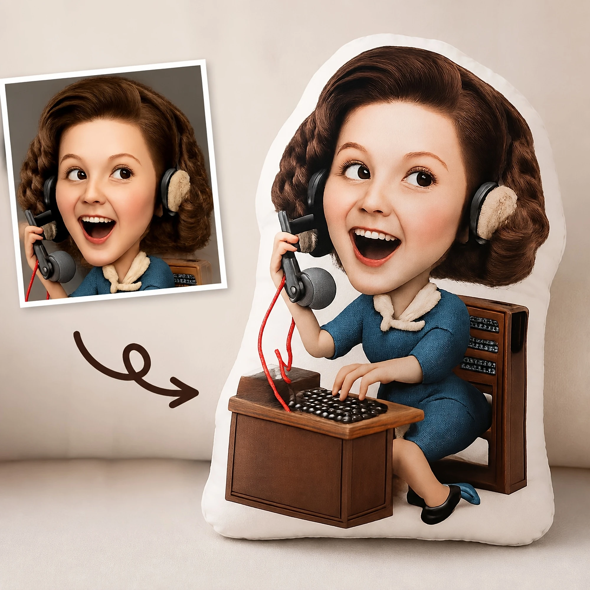 1pc [2D Flat] Double Sided Printed Creative Novelty Shaped Cushion Pillow, Vintage Radio Operator Design, Decorative Throw Pillo