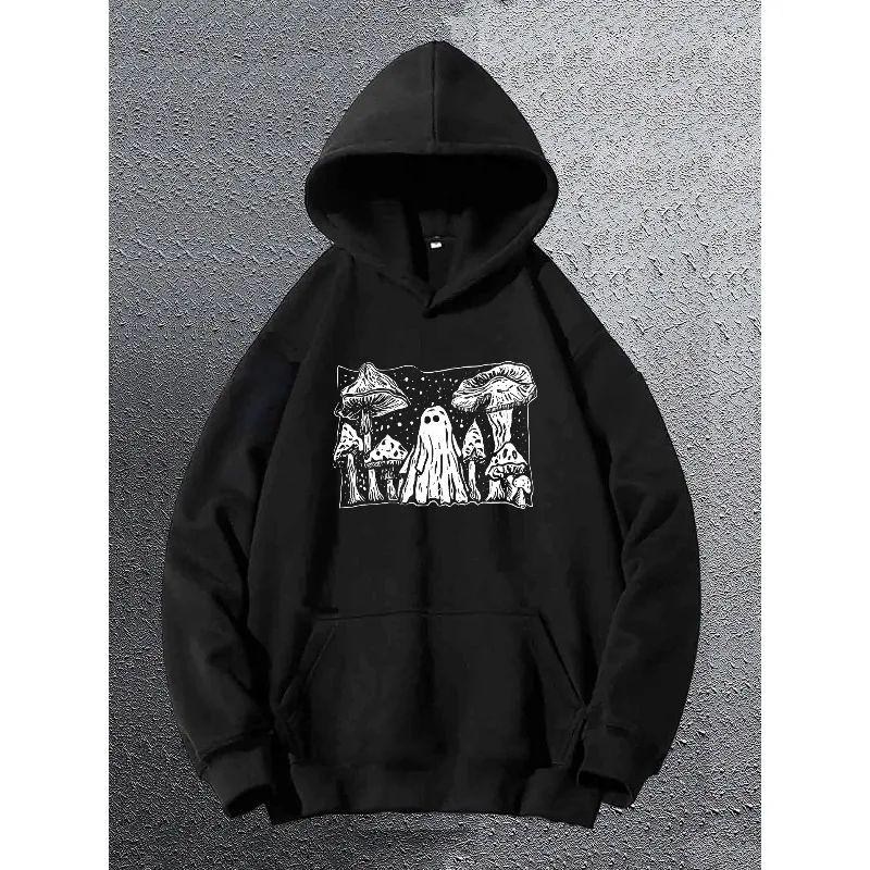 Mushrooms and Ghost Graphic Print Men's Trendy Long Sleeve Hooded Sweatshirt, Loose Pullover Hoodie with