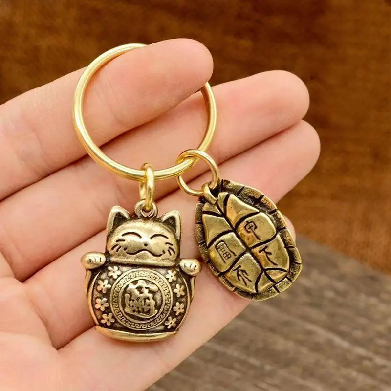Zodiac Horse Five Emperors Money Pendant Lucky Cat Keychain Chinese Feng Shui Coins Key Ring Bring Wealth Fortune view 3