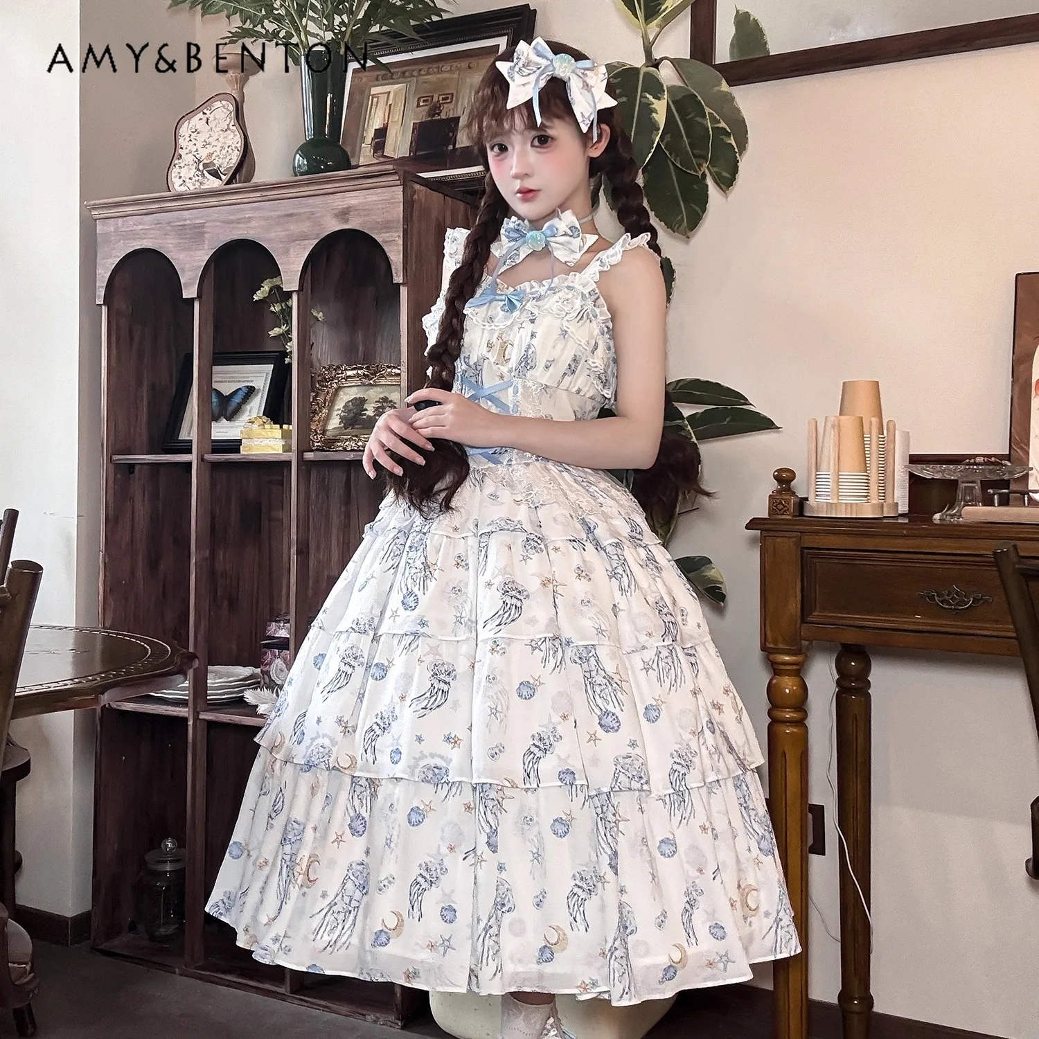 Vestido elegante estilo hada Lolita Puff estilo Pastoral Vintage princesa JSK vestido dulce lindo arco ajustado vestido de longitud media para mujer