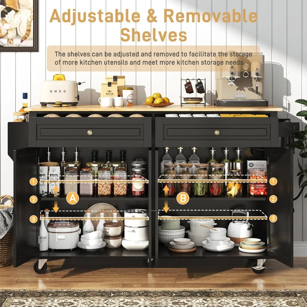 جزيرة مطبخ مقاس 63 بوصة مع أوراق متدلية، وعربة دوارة مع مساحة تخزين ومخرج، وطاولة مطبخ متنقلة #6