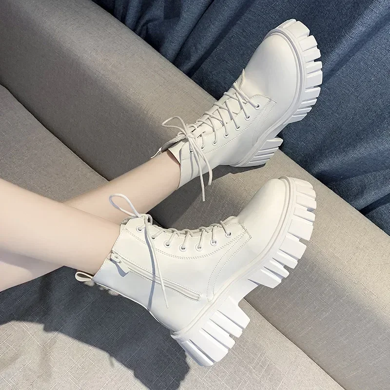 New Women Boots Fashion Platform Mid-heel Boots Woman British Style Short Boots Thin Locomotive Ladies Shoes Spring Autumn