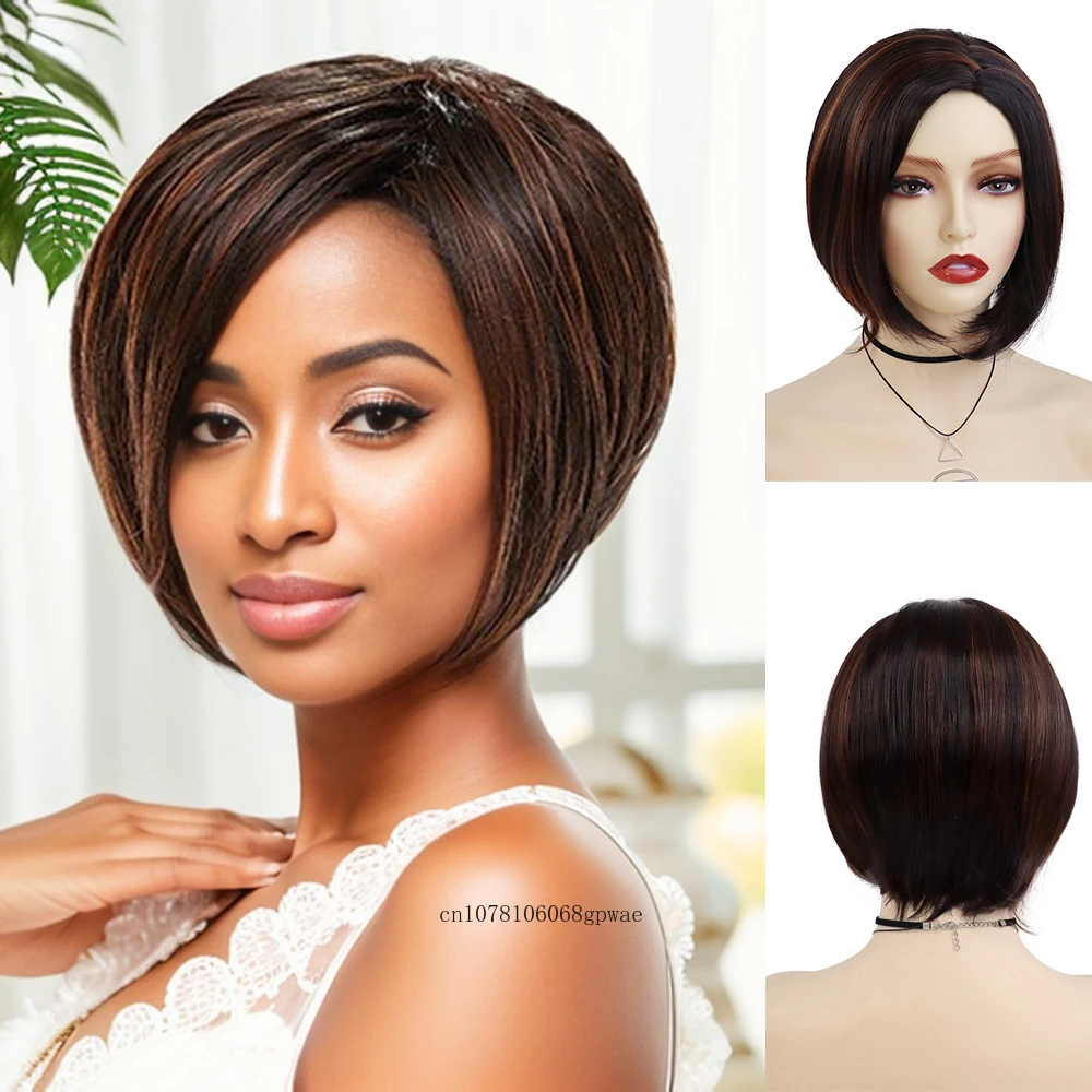 Mix Brown Wig for Women Synthetic Short Bob Wigs with Bangs Side Parting Daily Natural Hair Casual Party Cosplay Costume Use