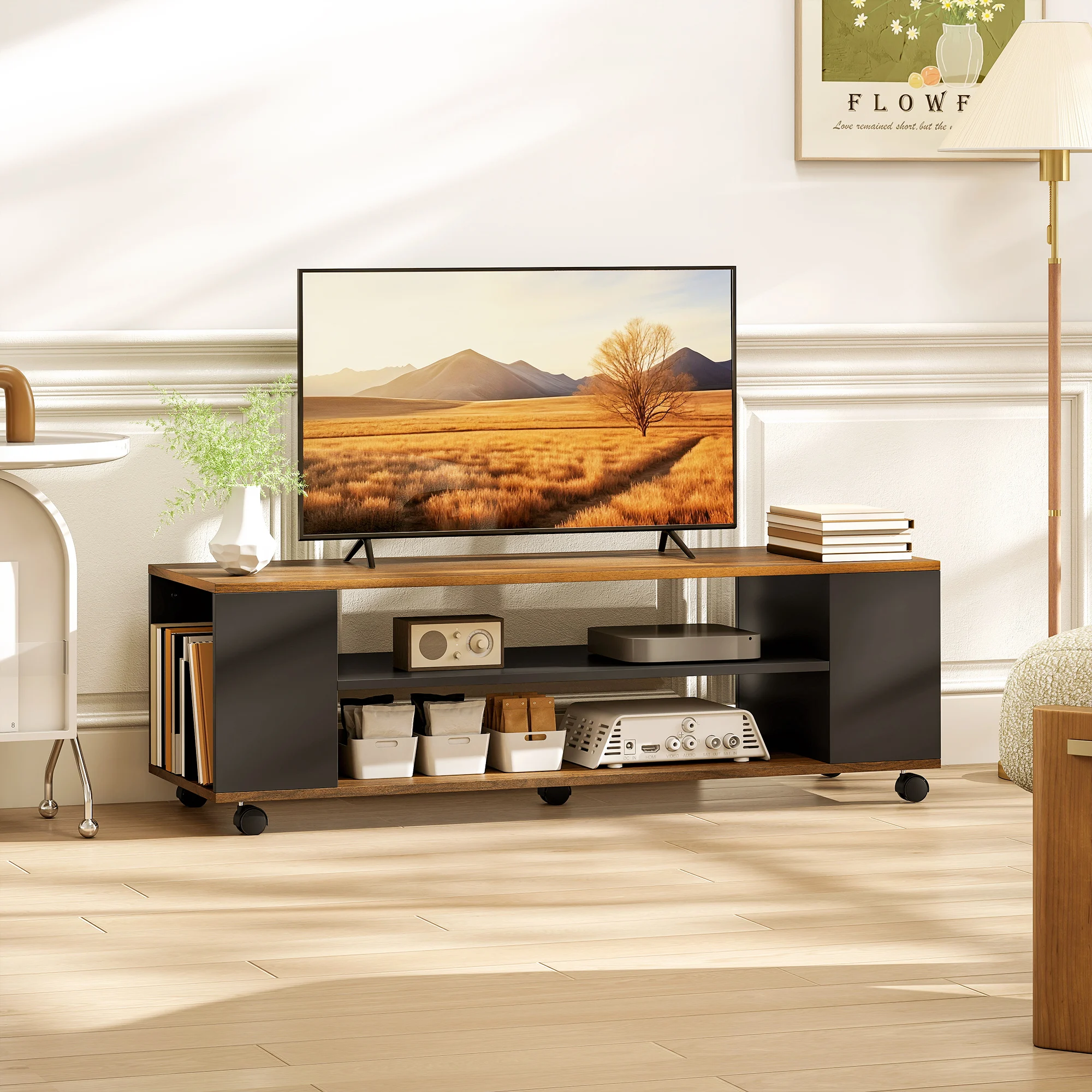 HOMCOM Mueble de TV con Ruedas, Mesa de TV Suspendido o de Pie, para Salón, con 4 Estantes Abiertos, Televisión de 55 Pulgadas
