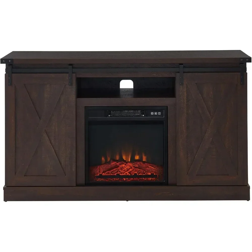 

Farmhouse Electric Fireplace TV Stand for 60 Inch TV, Barn Door Entertainment Center with Fireplace and Open Storage,Dark Brown