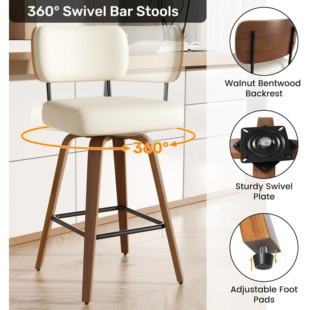 Swivel Bar Stools Set of 2, 26 Upholstered in Cream White Counter Height Barstools with Walnut Back & Bentwood Legs, Modern Bar - view 4