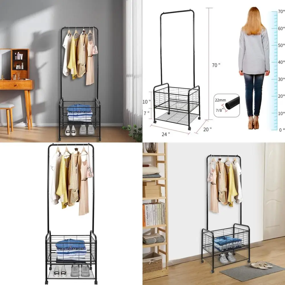 

Rolling Laundry Hamper Cart with Hanging Rack, Mobile Storage Organizer for Clothes