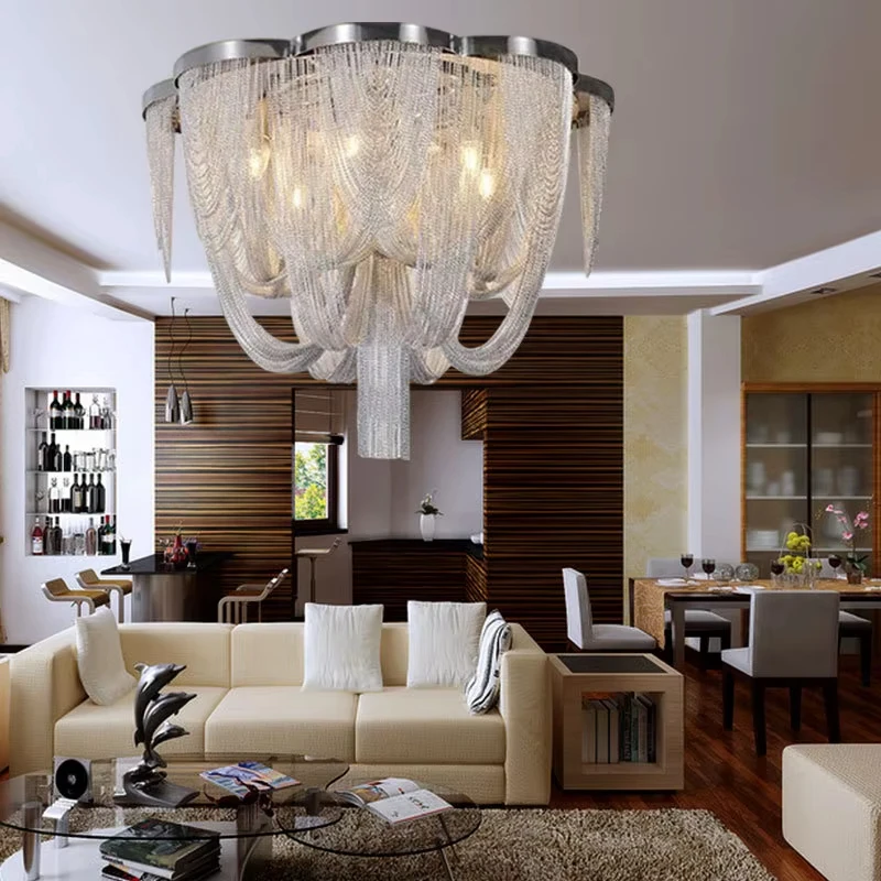 Exquisite Ceiling Light Chain Pendant Light Ceiling Aluminum Chain Led Lighting Circular Chrome Living Room Chrome Gloss Light