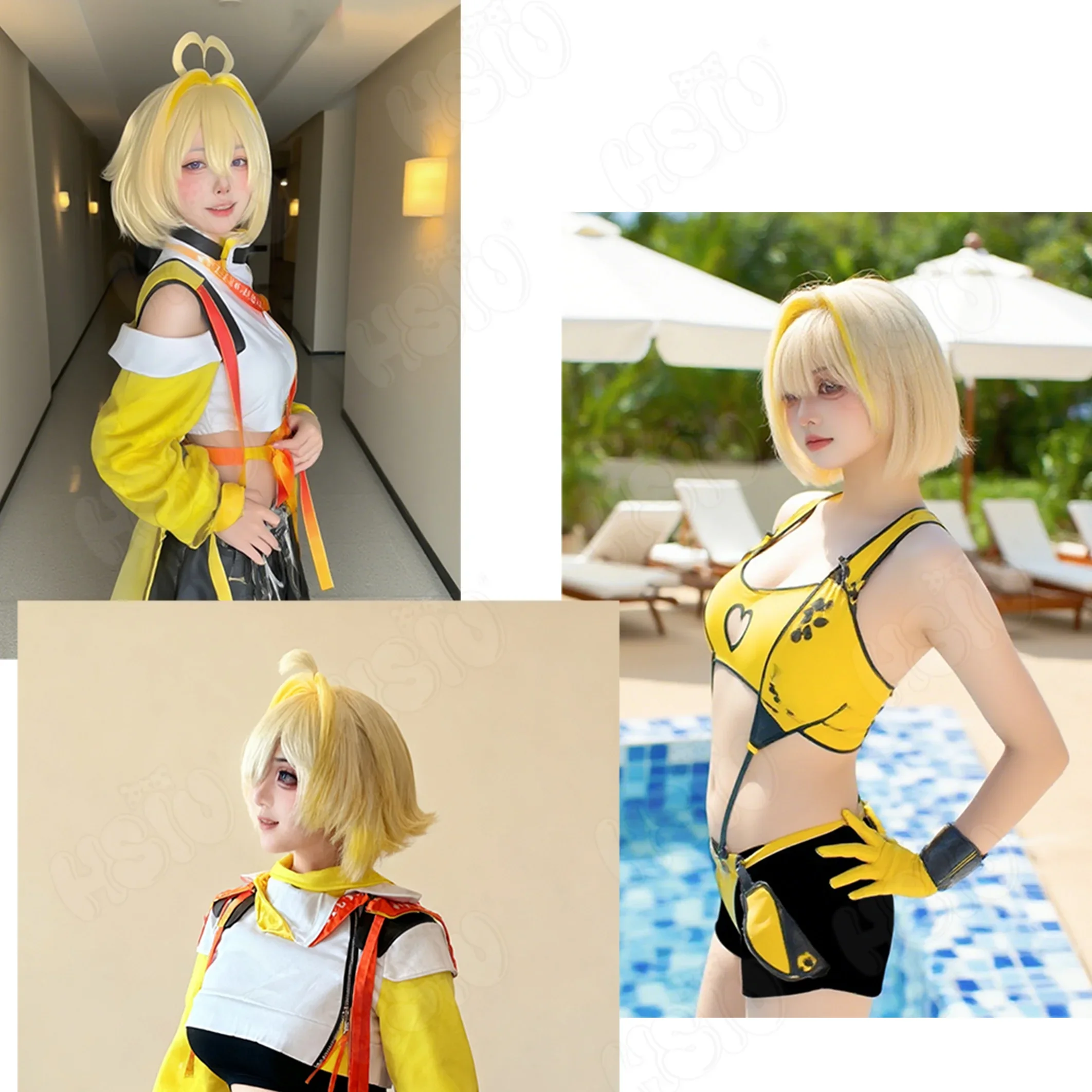 Eli شعر مستعار تأثيري HSIU 30 سنتيمتر البيج مزيج شقراء الشعر القصير مقاومة للحرارة الباروكات + غطاء شعر مستعار لعبة NIKKE آلهة النصر إيلي تأثيري