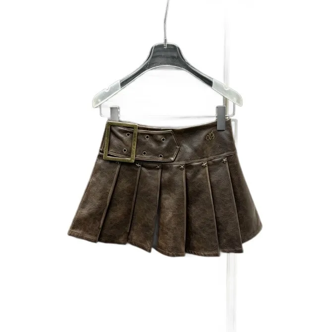 Pleats Pleated Belt Mini Length Workwear Skirt with Streetwear 3D Effect Pattern Distressed Washed Autumn for Women Mini Skirt