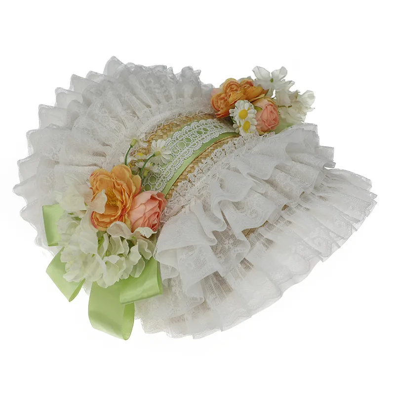 New French Rural Style Lolita Straw Hat Ribbon Bow with Strap Ribbon Flower Beach Hat Hair Accessories Ruffle Lace Flat Top Hat