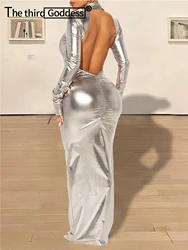 Sexy backless black maxi PU leather dress women summer bodycon club birthday party dress long sleeve evening dresses vestidos