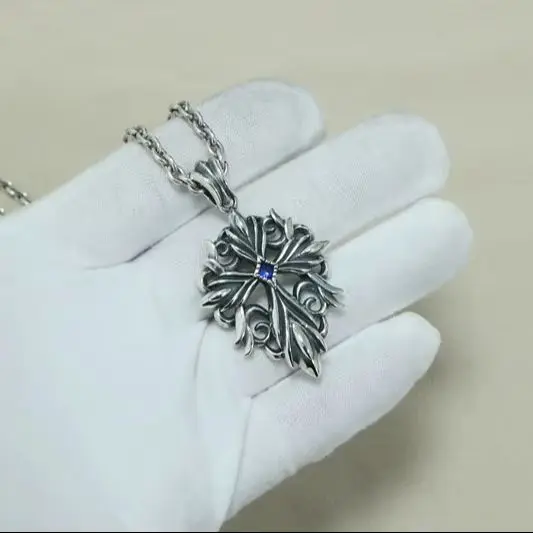 Punk trend, handsome European and American pure silver cross blue crystal heart flame pendant, vintage necklace