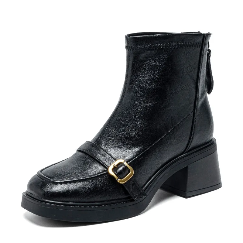 DRKANOL 2027 Women Thick Heel Short Ankle Boots Autumn Winter Plush Back Zipper PU Leather Retro Boots Lady Warm High Heel Shoes